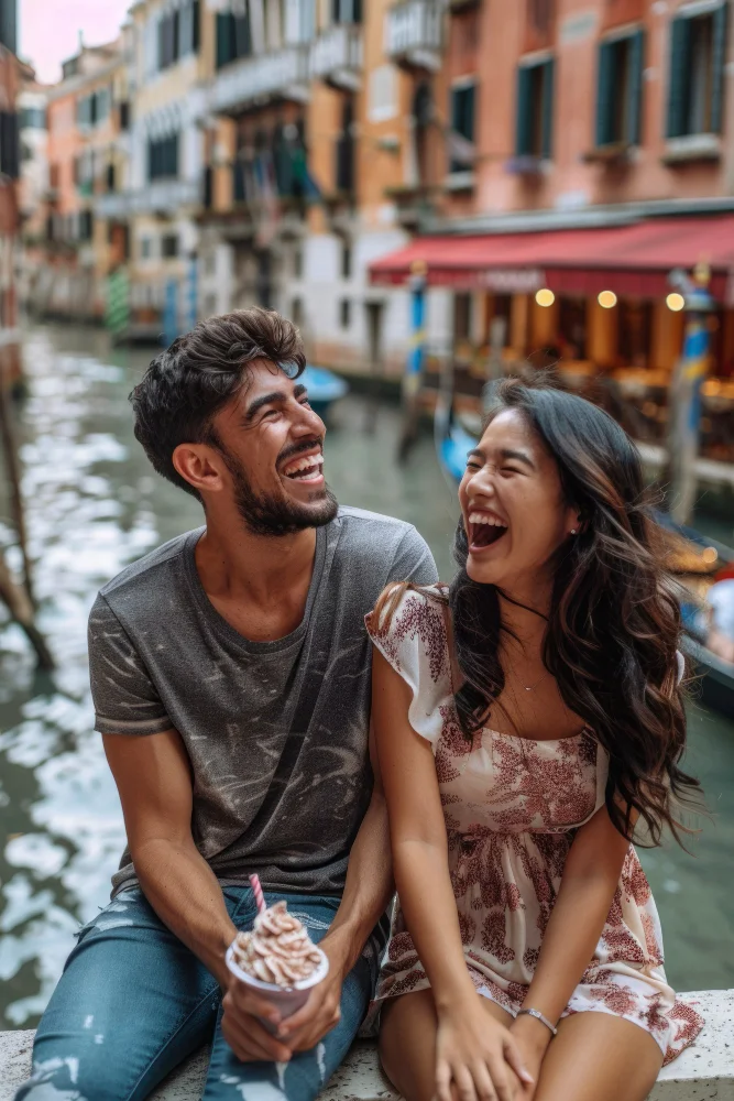 Young couple laughing together at an outdoor café